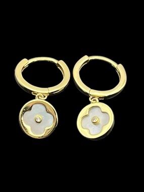 Clover gold over sterling silver CZ huggie hoop dangle earrings